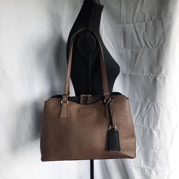 Guess Lyndi Shoulder Handbag Croc Embossed Animal Print Brown Black Med. Size - Picture 8 of 17